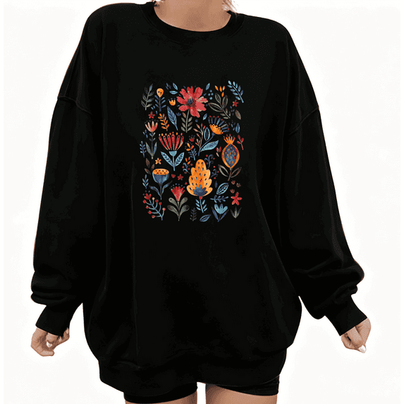 Colorful Floral Graphic Comfortable Commuting Tee T-Shirt Top Print Round-neck long-sleeved Black S-3XL