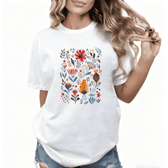 Colorful Floral Graphic Comfortable Tee T-Shirt Top Print Short Sleeve Round Neck White S-5XL
