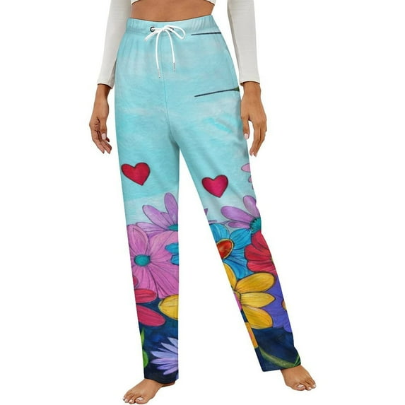 Colorful Floral Heart Garden Winter Female Pants Flannel High Waist Women Pants Lady Warm Straight Leg Plush Trousers