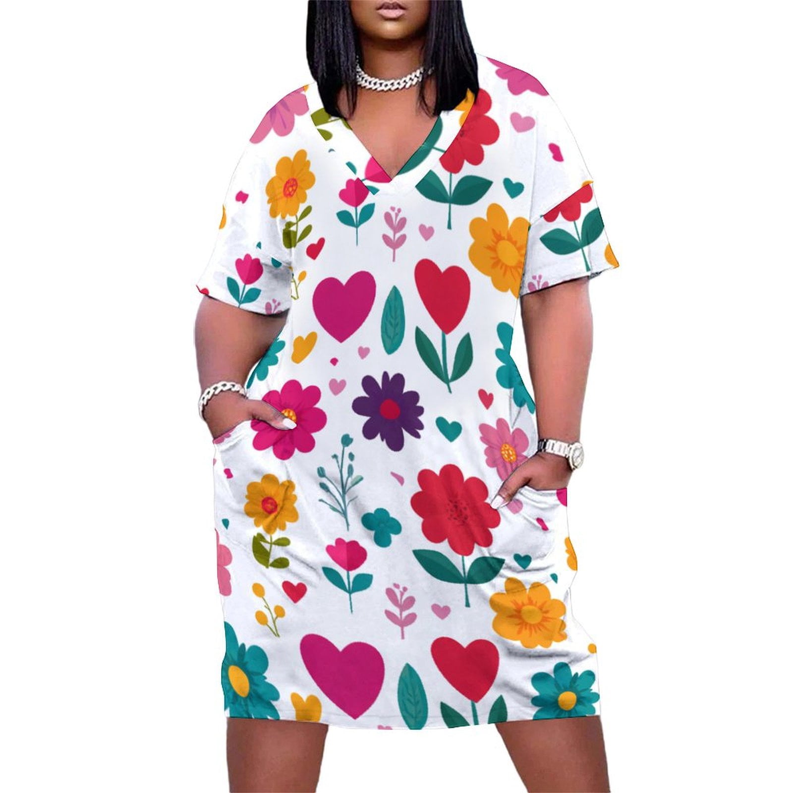Women's Valentine's Day Heart Print Dress - Pink, Short Sleeve, A-Line Tunic, Small