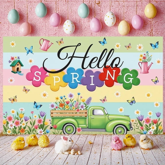 Colorful Floral Hello Spring Banner Butterfly Design Spring Display Vintage Truck Rainbow Stripes Floral Backdrop for Spring Party Garden Celebration Photo Shoot