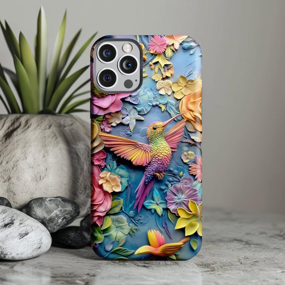 Colorful Floral Hummingbird with Vibrant 3D Flowers Nature Botanical iPhone Tough Case