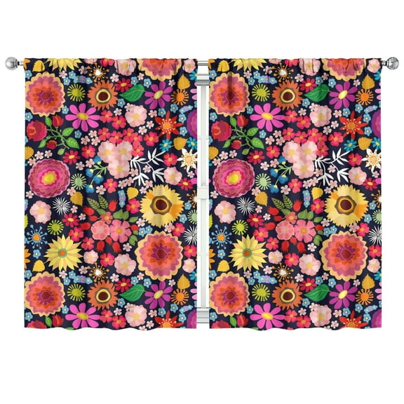 Colorful Floral Kitchen Curtains Set - Bright Retro Bloom Print Panels, 42x63 Inch