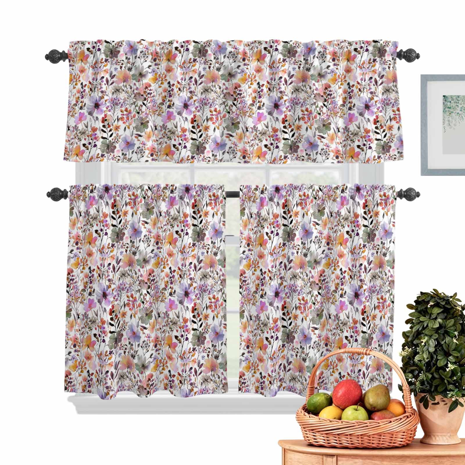 Colorful Floral Kitchen Curtains Valances 3 Piece Set, Watercolor ...