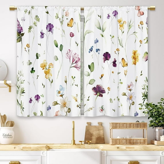 Colorful Floral Kitchen Curtains Watercolor Flower Wildflower Small Short Cafe Window Curtains Plant Leaves Botanical Country Bathroom Drapes Treatment Tier Curtains 2 Panels (27.5x39 Inch)