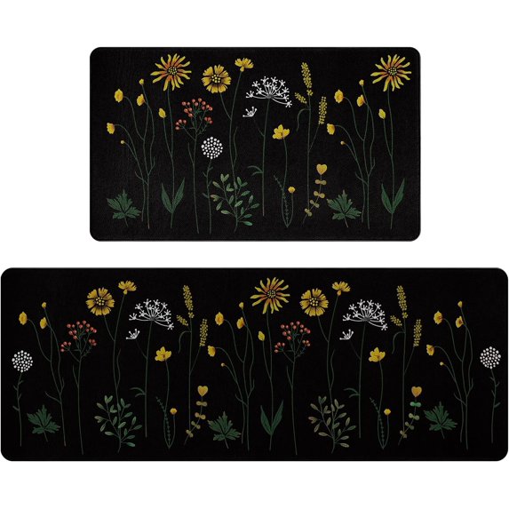 Colorful Floral Kitchen Mat for Floor, Non Slip Kitchen Rugs and Mat Set of 2, Waterproof Cushioned Anti Fatigue Kitchen Mat, 17"x47"+17"x29", Black