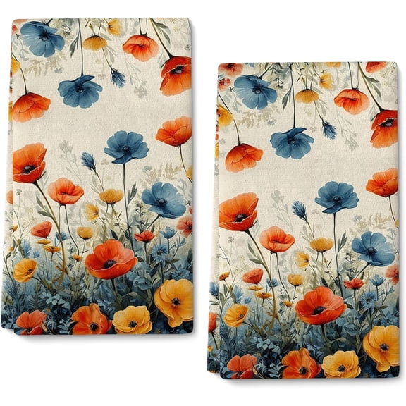 Colorful Floral Kitchen Towels, Orange and Blue Decorative Dish & Tea Towels Set of 2, Spring Summer Hand Towel Dish Cloths for Farmhouse Kitchen Cleaning Drying