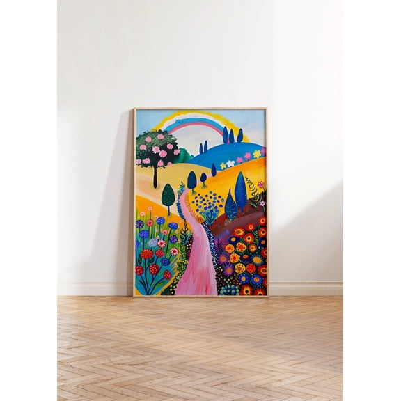 Colorful Floral Landscape Art Print Rainbow Scenery Wall Decor, Unframed Canvas 8x10in