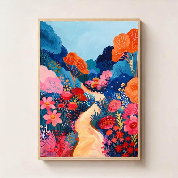 Colorful Floral Landscape Whimsical Path Flower Art, Unframed Paper Poster 8x10in