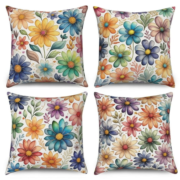 Colorful Floral Linen Throw Pillow Covers,Set of 4 16x16 Inch,Rustic Cushion Cases for Home Decor Living Room Car