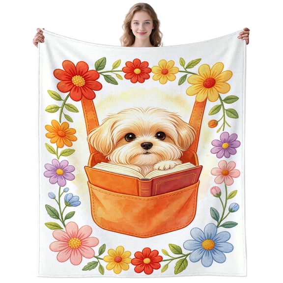 Colorful Floral Maltese Puppy Blanket Gifts for Women Men Adults Dog Lovers Soft Cozy Cute Puppies Throw Blankets for Couch Home Decor Birthday Gifts 50×40 Inch