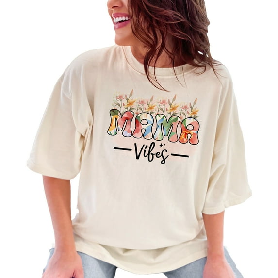Colorful Floral Mama Vibes Graphic, Ivory Comfort Colors T-Shirt, Small