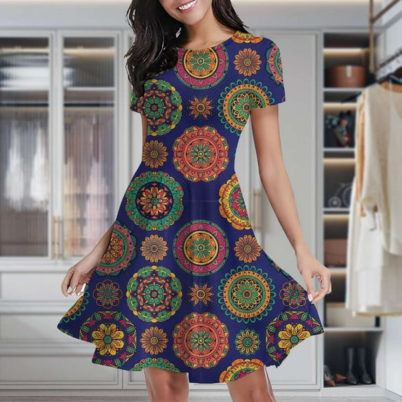 Colorful Floral Mandala Design Women's Classic Swing Skater Dress Casual Work Party Cocktail Dresses
