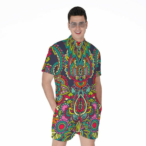 Colorful Floral Mandala Short Sleeve Men'S Rompers Casual Summer Jumpsuits Outfit