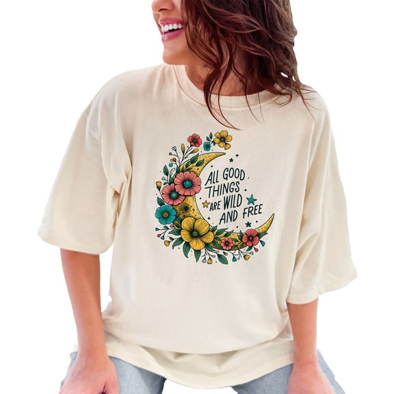 Colorful Floral Moon Wild and Free T-Shirt, Boho Graphic Tee, Motivational Flower Design, Inspirational Quote Shirt, Casual Gift Top, Ivory Comfort Colors T-Shirt, Small