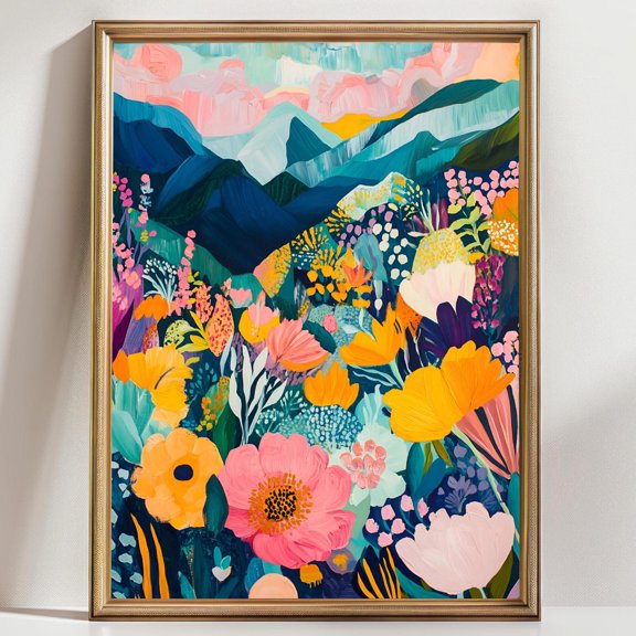 Colorful Floral Mountain Wildflower Landscape Wall Art Decor Unframed Paper Print