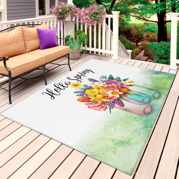 Colorful Floral Outdoor Rug 4x6 Ft, Non Slip Washable Area Rug, Spring Flowers Watercolor Botanical Patio Rugs Carpet Runner, Large Floor Mat for Indoor/Outdoor Deck Porch Camping