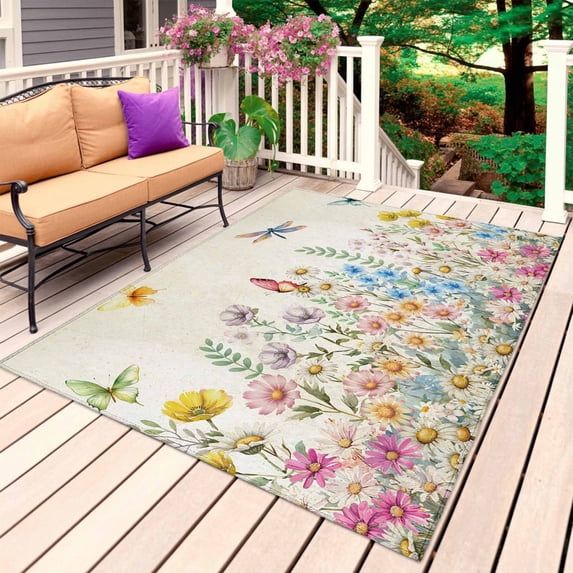 Colorful Floral Outdoor Rug 5x8 Ft, Non Slip Washable Area Rug, Farmhouse Vintage Dragonfly Butterfly Flower Patio Rugs Carpet Runner, Large Floor Mat for Indoor/Outdoor Deck Porch Camping