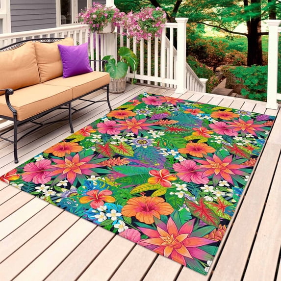 Colorful Floral Outdoor Rug 5x8 Ft, Non Slip Washable Area Rug, Summer Botanical Flowers Watercolor Patio Rugs Carpet Runner, Large Floor Mat for Indoor/Outdoor Deck Porch Camping