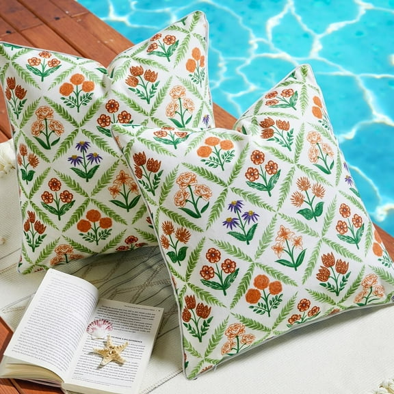 Colorful Floral Outdoor Throw Pillow Covers 18x18 Waterproof Set of 2, Block Print Outside Pillow Cover with Piping Edge, Spring and Summer Outdoor Pillows for Porch and Patio Furniture