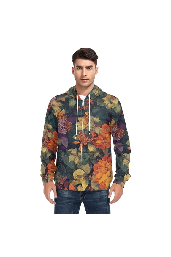 Colorful Floral Painting Men’s Hoodies Sweatshirt with Full Zip Pockets Fleece Jackets