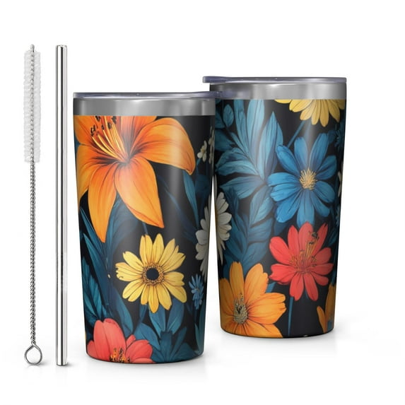 Colorful Floral Pattern 10oz Tumblers Stainless Steel Tumbler with Lid and Straw,Vacuum Insulated Double Wall Travel Tumbler Cups with Cleaning Brush for Coffee, Tea