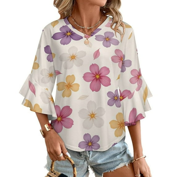 Colorful Floral Pattern Background Women's V-Neck Blouse With 3/4 Ruffled Bell Sleeves Casual Top Ladies Blouses