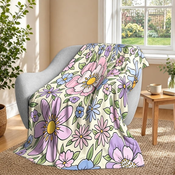 Colorful Floral Pattern Cream Throw Blanket