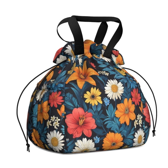 Colorful Floral Pattern Drawstring Lunch Bag Women - Drawstring Lunch Bag Insulated for Work Office - Stain-Resistant Large Lunchbags for Women with Multi-Pockets