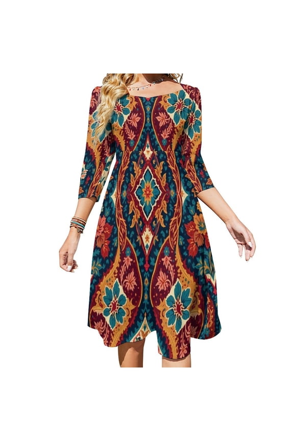 Colorful Floral Pattern Fabric Flare Dress Square Neck Dress Elegant Female Fashion Printed Dress