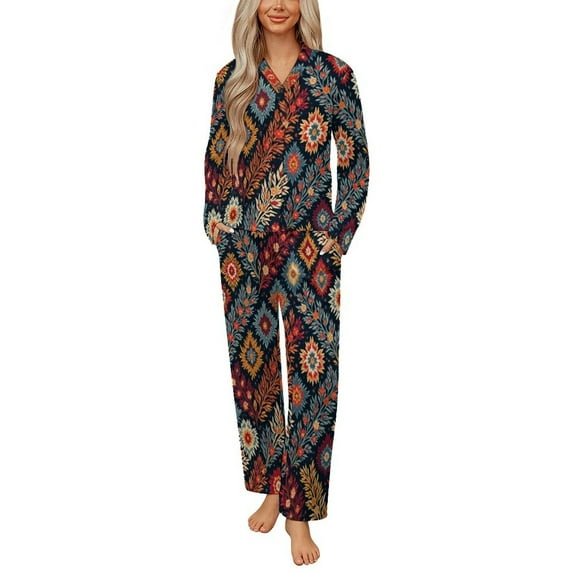 Colorful Floral Pattern Fabric Womens Pyjamas Set Button Up Pyjamas Womens with Long Sleeve Top And Wide Leg Pants V-neck Loungewear Sets