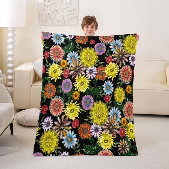 Colorful Floral Pattern Fleece Blanket for Bed and Couch Soft Warm Throw Blanket for All Seasons