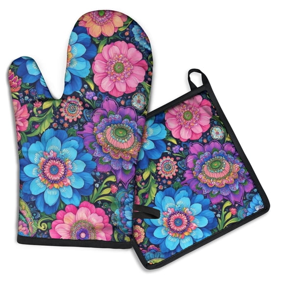 Colorful Floral Pattern Kitchen Oven Mitt and Pot Holder Sets 2 Pcs for Baking, Cooking and Grilling, Heat Resistant Up To 392 °F