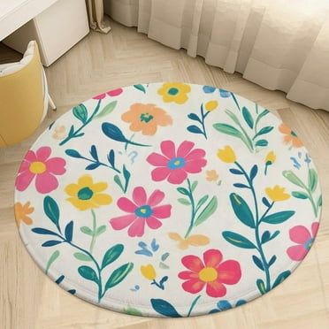 Colorful Floral Pattern Print Round Area Rugs for Bedroom Living Room, 3FT Soft Comfy Indoor Circle Carpets, Carpet Home Decor Floor Mat