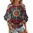 thumbnail image 1 of Colorful Floral Pattern Rug Women's V-Neck Blouse With 3/4 Ruffled Bell Sleeves Casual Top Ladies Blouses, 1 of 7