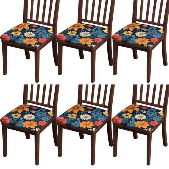 Colorful Floral Pattern Seat Covers for Dining Room Chairs Set Of 6,Stretch Printed Washable Chair Seat Cover with Elastic Ties and Button,Removable Waterproof Couch Cushion Covers