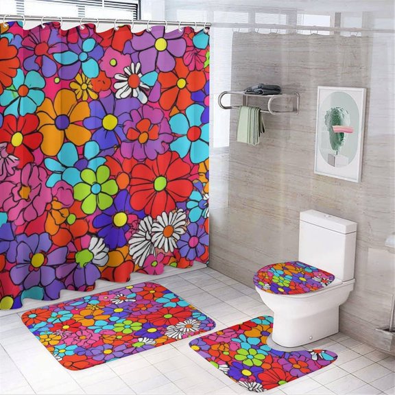 Colorful Floral Pattern Shower Curtain Set Modern Bathroom Decor Mats 4pcs Fabric Bathroom Curtain Slip Floor Rug Toilet Lid