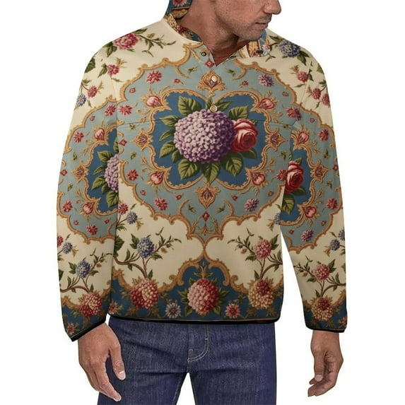 Colorful Floral Pattern Square Men's Stand Collar Sweater Long Sleeve Clothing Loose Fit Sports Sweater