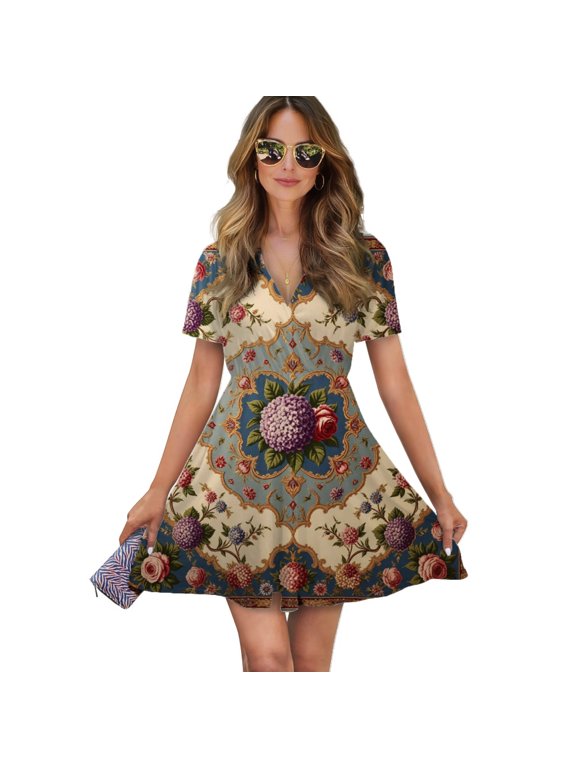 Colorful Floral Pattern Square Women Dress V-Neck Short Sleeve Flowy Swing Party Midi Dress