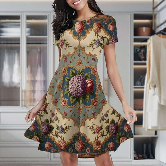 Colorful Floral Pattern Square Women's Classic Swing Skater Dress Casual Work Party Cocktail Dresses