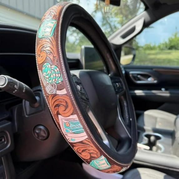 Colorful Floral Pattern Universal Steering Wheel Cover for Western Car Style, Hand-Carved Leather Universal Steering Wheel Cover for 37-38 cm Wheels