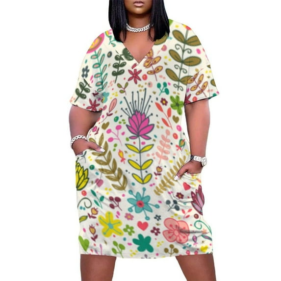 Colorful Floral Pattern Whimsical Design Women's Loose Short Sleeve Dress Casual Summer Plus Size Long Dresses with Pockets