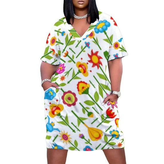 Colorful Floral Pattern White Background Summer Sundress for Curve Women Casual Pattern Plus Size V Neck Short Sleeve Loose Fit Oversize Dresses