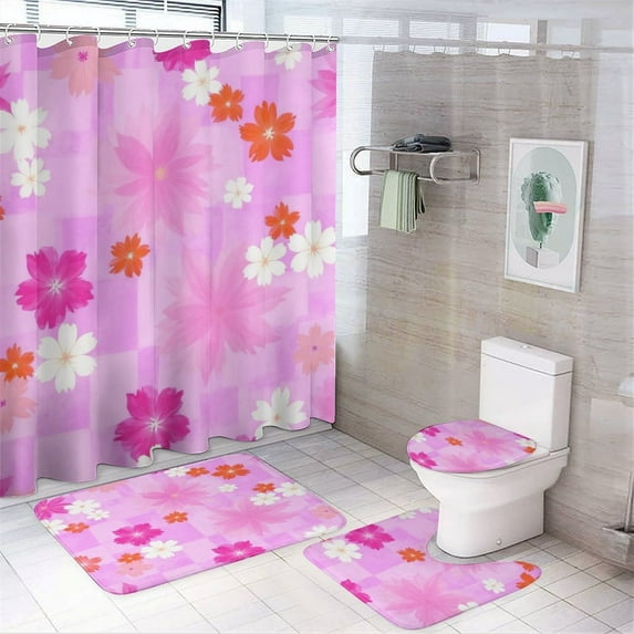 Colorful Floral Pattern on Pink Shower Curtain Set Modern Bathroom Decor Mats 4pcs Fabric Bathroom Curtain Slip Floor Rug Toilet Lid