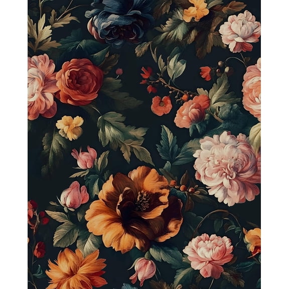 Colorful Floral Peel and Stick Wallpaper Gothic Dark Contact Paper Orange Flower Vintage Wall Mural for Bedroom Bathroom Vinyl Waterproof Self Adhesive Removable Renter Dorm Wall Paper 17.5" x 118"
