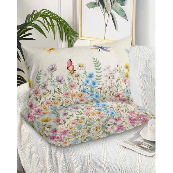 Colorful Floral Pillow Cases Standard Size Set of 2 - Microfiber Bed Throw Pillow Covers, Farmhouse Vintage Dragonfly Butterfly Flower Decorative Lumbar Pillow Cover with Envelope Closure 20"x26"