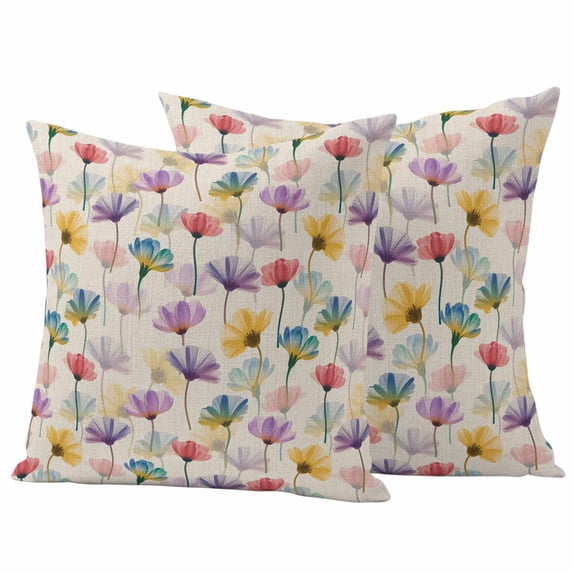 Colorful Floral Pillow Covers 2 Pack Watercolor Purple Yellow Blue Pink Flowers Linen Texture Pillowcase Waterproof Outdoor Throw Pillow Cover for Patio Garden Square Cushion 26”x26”