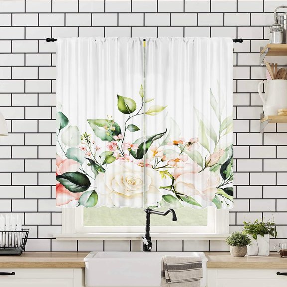 Colorful Floral Plants Kitchen Curtains 27.5Wx39H Inch Rod Pocket Small Curtains for Bedroom Room Colorful Watercolor Leaf Plants Floral Window Treatments Decorative for Living Room 2 Panels