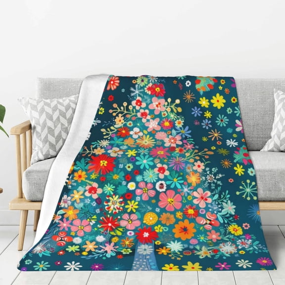Colorful Floral Print Christmas Tree Throw Blanket for Winter Cabin Ultra-Soft Micro Fleece Blanket, Premium Microfiber, Silky Soft, Plush, Warm and Lightweight for Couch, Sofa, Bed - 60"X50"