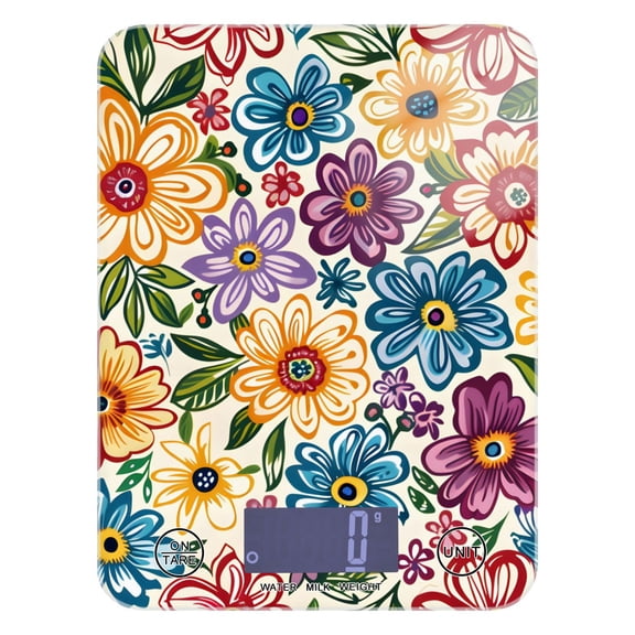 Colorful Floral Print Flowers Food Scale Digital Kitchen Scale Waterproof Tempered Glass Tare Function 11 lb for Baking Cooking Meal Prep